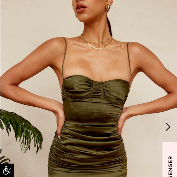 NW: House of CB — Mistress Rocks Afterglow Olive Asymmetric Rouched Mini Dress - Picture 3 of 8